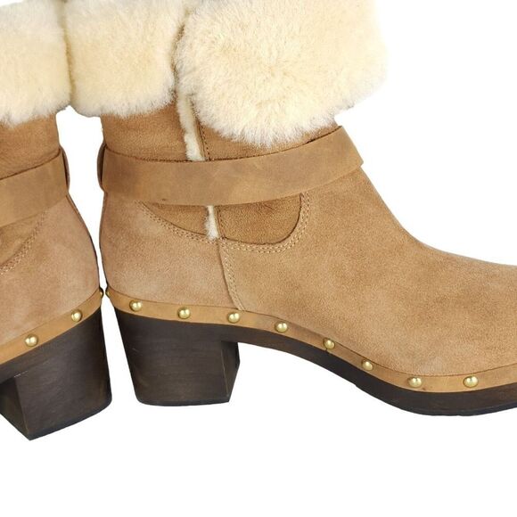 UGG Women's Brea US 9 Suede Chestnut Studded Fur Shearling Clog Boots - Picture 8 of 13